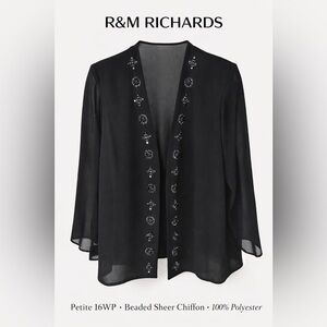 R&M Richards Petite Beaded Sheer Chiffon Open Front Jacket 16WP